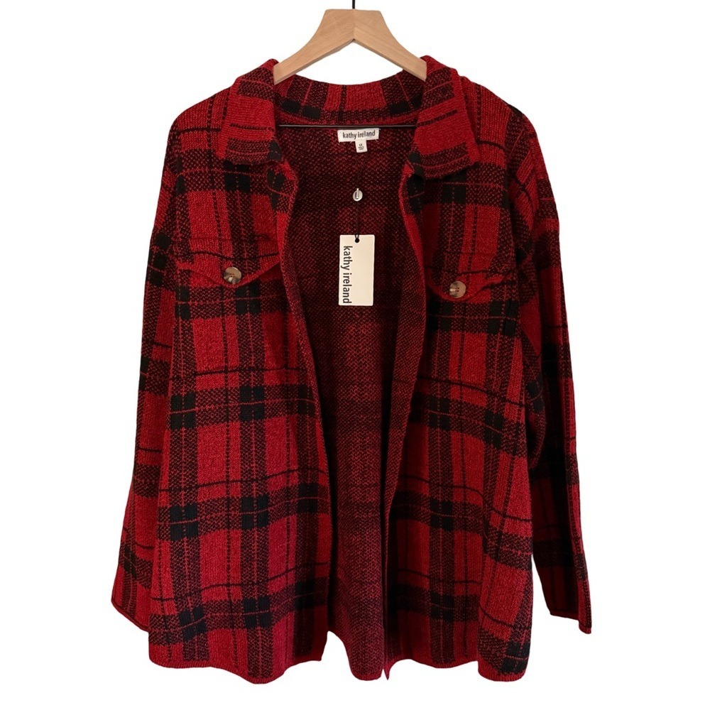 Kathy Ireland Red Black Plaid Knit Shacket Shirt Jacket HS67995X 1X NWT - Picture 4 of 7